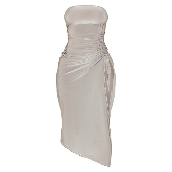 PRETTYLITTLETHING • Shape Mocha Slinky Bandeau Ruched Side Frill Midaxi Dress - Picture 1 of 7